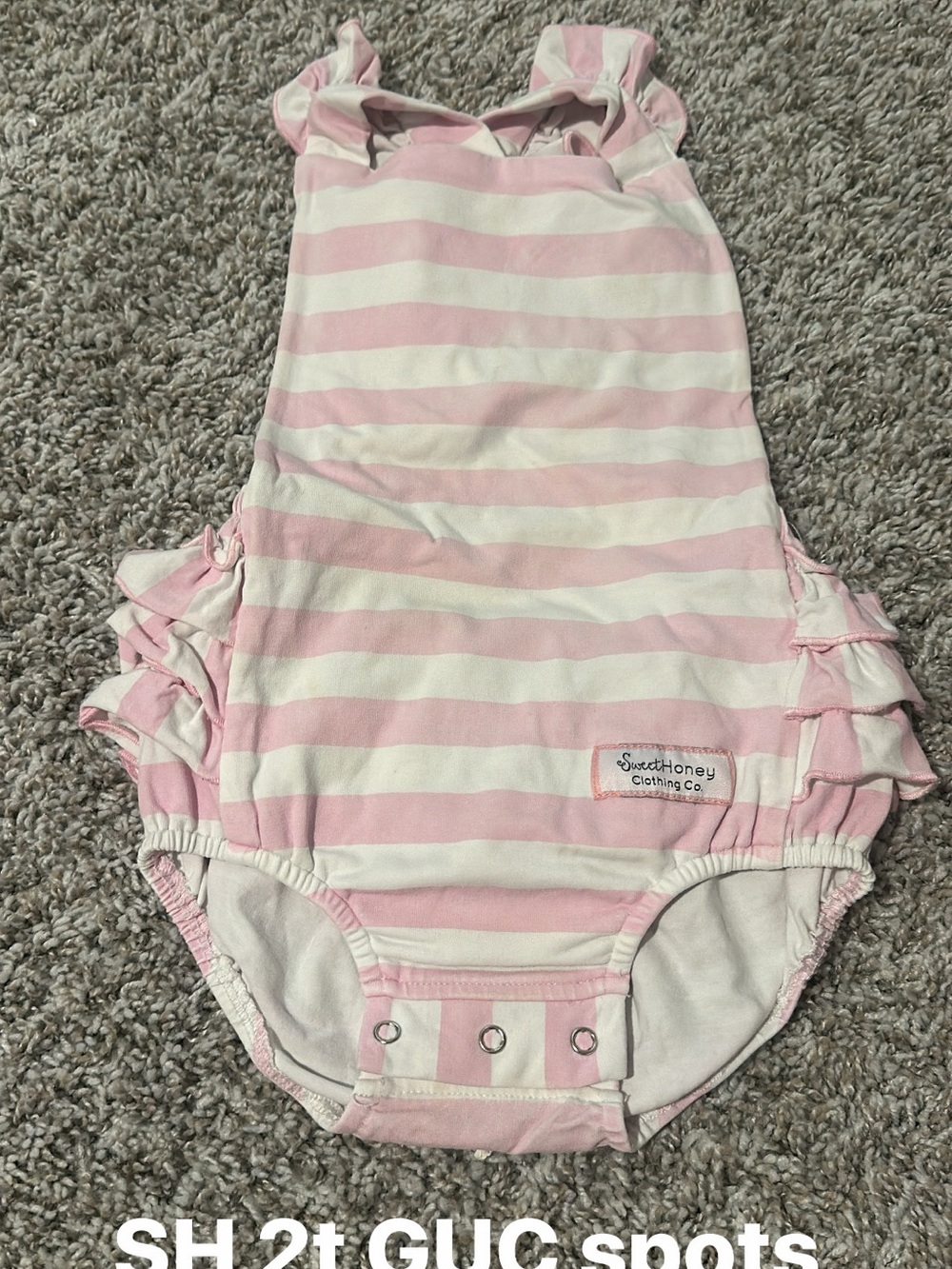 SweetHoney Pink and White Striped Ruffle One-Piece Bubble Romper